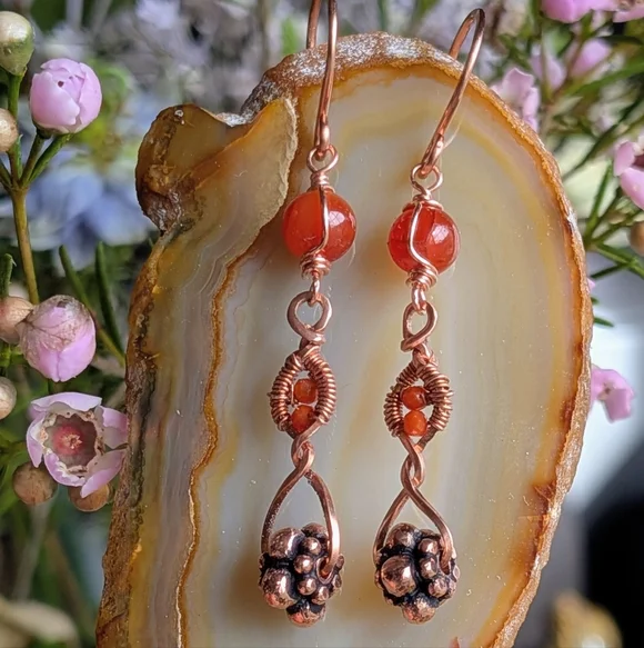 Copper Dangle Earrings Orange-Red Carnelian Agate Artisan Crafted - Picture 11 of 16